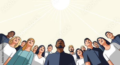 Diverse group of people looking up at the bright sun with rays of light shining down, symbolizing hope and optimism.