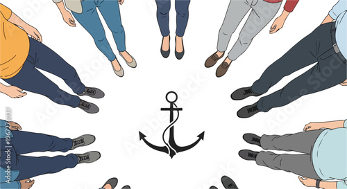 Diverse group of people standing in a circle around a nautical anchor symbol representing unity, teamwork, and stability