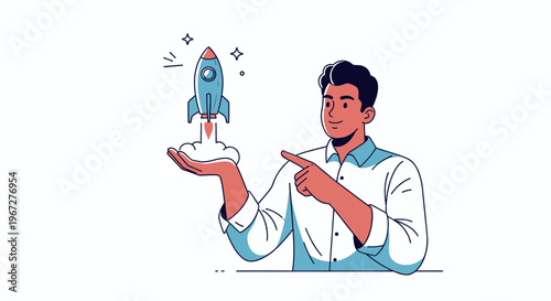 Man launching a rocket from his hand, symbolizing business startup and success.
