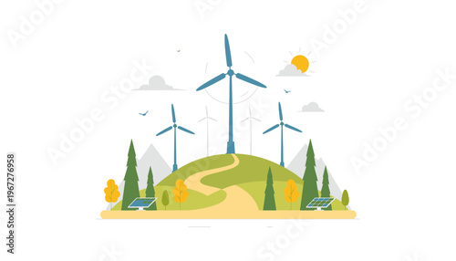Wind turbine vector illustration on a green hill with solar panels