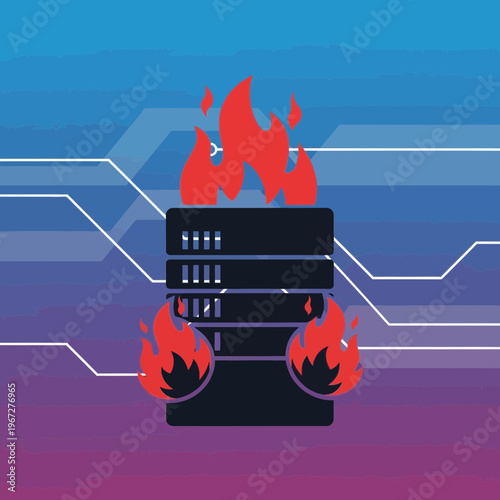Server on fire data center security breach system failure cyber attack data loss network vulnerability.