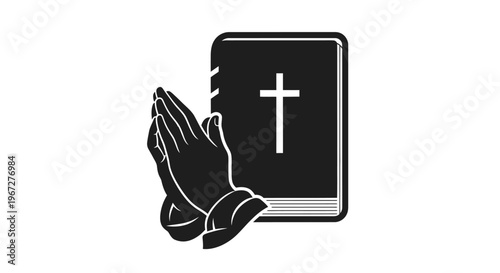 Praying Hands Holding Holy Bible Book.