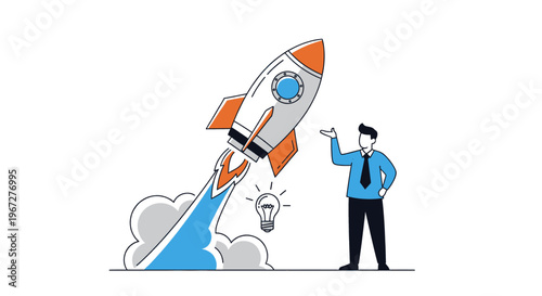 Businessman launching a rocket with a lightbulb idea.