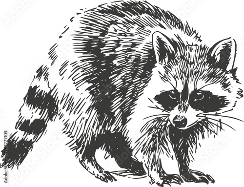 detailed black and white raccoon illustration showing textured fur and distinctive facial mask