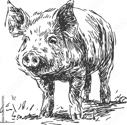 Hand drawn pig illustration farm animal sketch with detailed lines and natural posture
