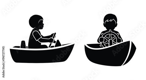 Two boys sailing toy boats a dark silhouette on transparent background