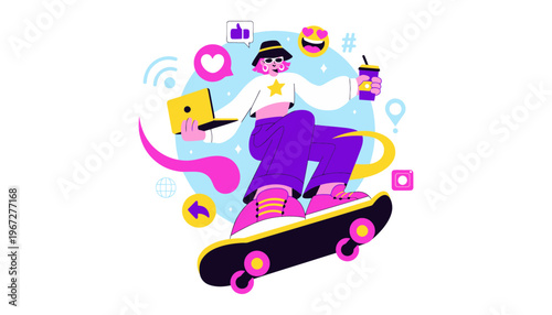 A vibrant illustration of a person skateboarding with a laptop and social media icons