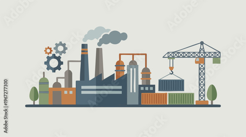 Flat design industrial complex with factory, gears, crane, and containers