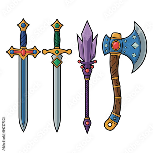 Four fantasy weapons a sword rapier dagger and battle axe illustration