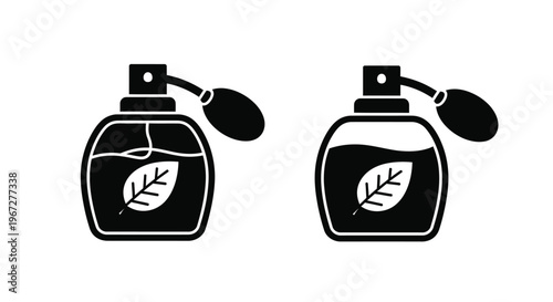 Two black perfume bottle icons with leaf detail on transparent background silhouette