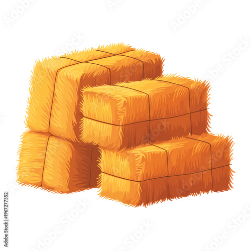 Stacked bales of golden hay form a rustic agricultural display