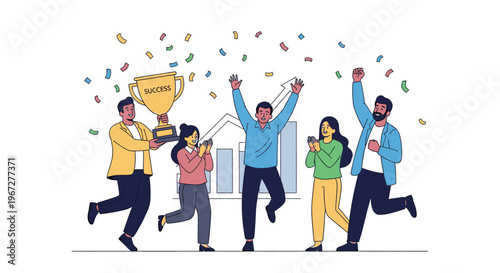 Happy business team celebrating success with trophy and confetti.