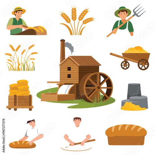 Colorful illustration depicting various elements of wheat farming and baking