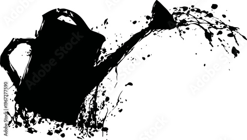 Watering can silhouette pouring water splash splatter isolated black on white background