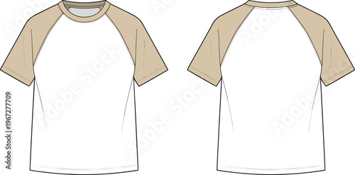 Men raglan short sleeve T-shirt fashion flat sketch set, technical CAD drawing, two-tone sports tee, front and back view, apparel illustration.