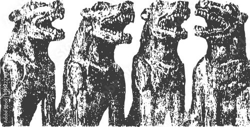 Ancient stone lion statues carved with fierce expressions standing in a row outdoors