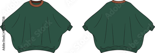 Women oversized batwing sweatshirt fashion flat sketch set, technical CAD drawing, dolman sleeve sweater, front and back view, green apparel illustration.