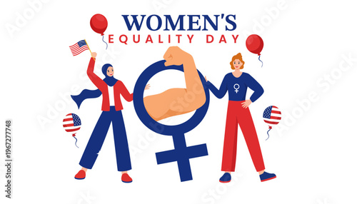 Women's Equality Day illustration with empowered women and American flag