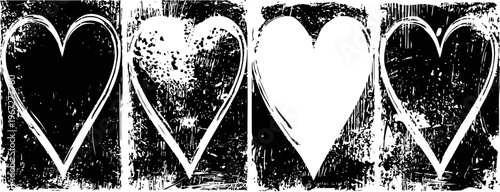 Grunge heart shapes textured black and white patterns with distressed vintage effect backgrounds