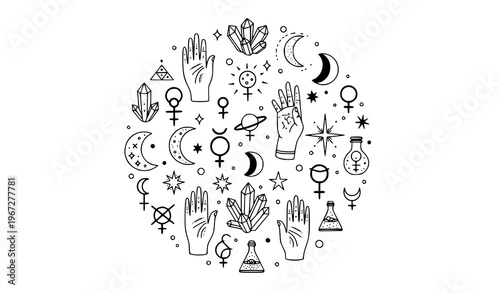 Boho mystical astrology doodle elements in circular layout black and white esoteric magic vector icons set