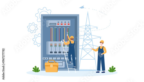 Electrician workers in uniform repairing a large electrical panel outdoors