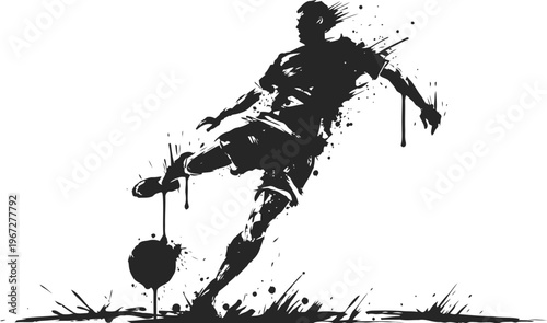 Soccer player kicking the ball silhouette, dynamic sports action, black ink splatter design