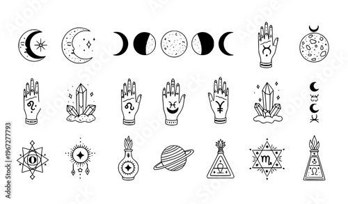 Mystical doodle astrology icons set black and white boho esoteric vector collection with moon hands crystals and planets