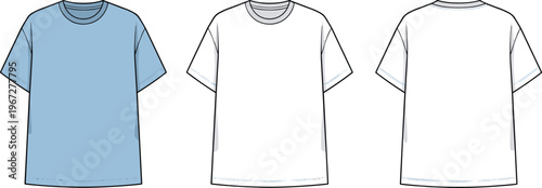 Light Blue and White Crew Neck T-Shirt Mockup Featuring Front and Back Views, Technical Fashion Sketch, CAD Drawing Flat Vector Illustration