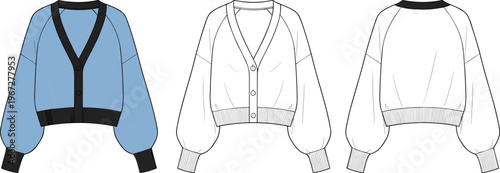 Women oversized cardigan fashion flat sketch set, technical CAD drawing of cropped knit sweater with raglan sleeves, v-neck button-up top.