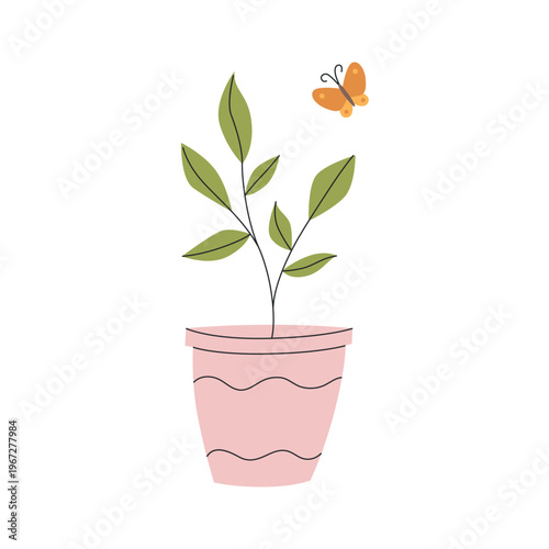Cute illustration of a flower pot with plant or fresh sprout. Vector design for gardening themes and plant care content.