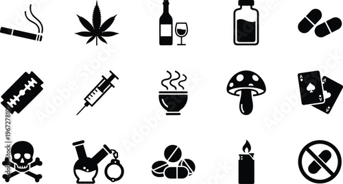 Vector Icon Set of Addiction and Substance Abuse Symbols Featuring Drugs, Alcohol, Cigarette, Gambling, Pills, Syringe, and Dangerous Habits Icons