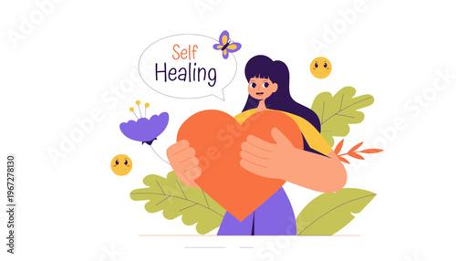 Self healing illustration of a woman hugging a heart with flowers and leaves