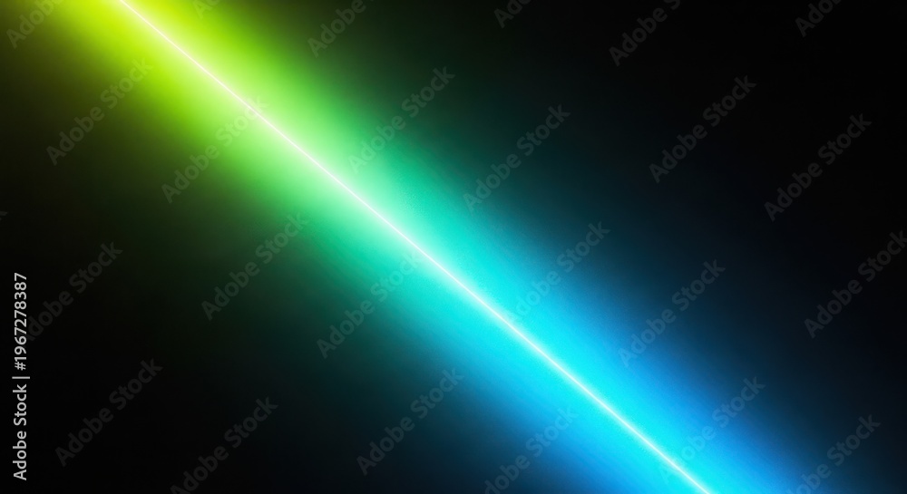 Fototapeta premium Abstract background with a diagonal beam of light transitioning from bright yellowgreen to vibrant cyan against a dark, grainy textured backdrop