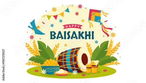 Baisakhi festival illustration with traditional Indian elements and decorations