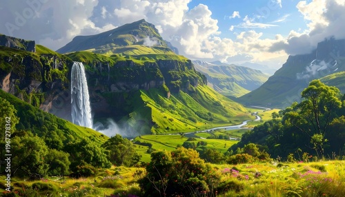 A serene valley with a majestic waterfall surrounded by lush greenery and mountains