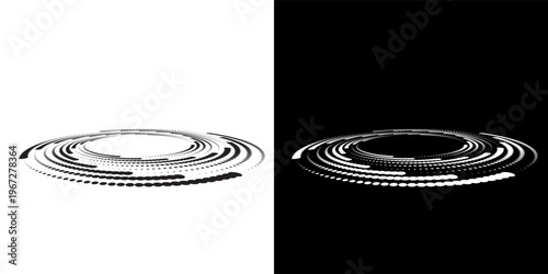 Modern abstract background. Halftone dots in circle form. Spiral logo, icon or design element. Black dots on a white background and white dots on the black side.
