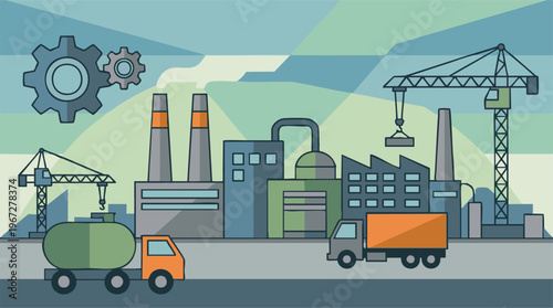 Industrial factory complex with manufacturing buildings, cranes, and trucks