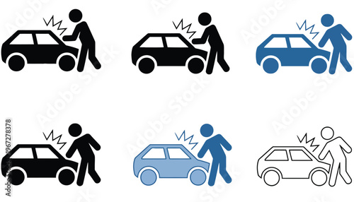Car accident icon set with people and vehicles in various colors