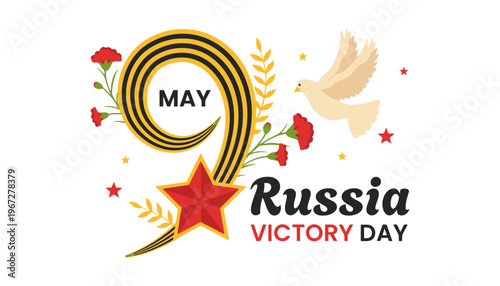 Russia Victory Day celebration logo with dove and flowers