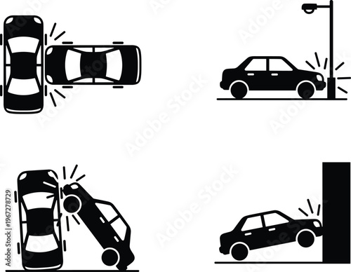 Car accident silhouettes set, car crash icons, vehicle collision with pole and wall, auto insurance claim symbols, road safety incident vector.