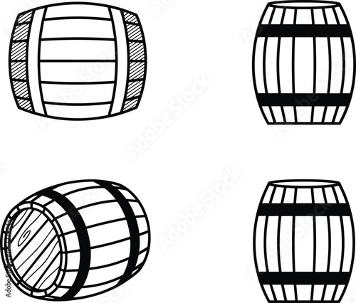 Vector Icon Set of Wooden Barrels Featuring Oak Casks for Wine, Beer, Whiskey, and Rum Storage in Cellar, Brewery, and Distillery