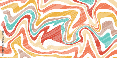 Abstract Retro 70s colorful sun with rays on vintage background. Groovy banner, poster or postcard. Vector illustration.