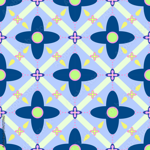 Geometric Floral Pattern on Blue Background 