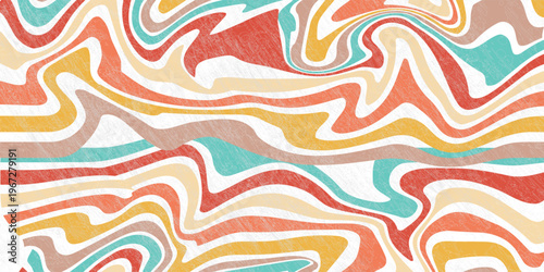 Abstract Retro 70s colorful sun with rays on vintage background. Groovy banner, poster or postcard. Vector illustration.