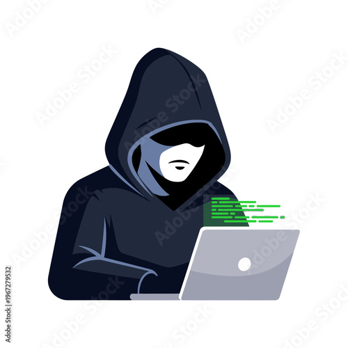 Anonymous hacker in a hoodie typing on a laptop with glowing green code