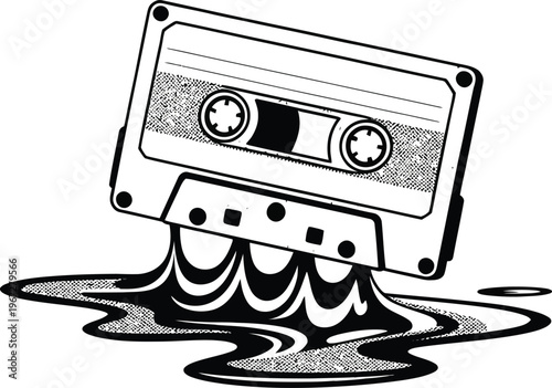 Retro cassette tape melting into liquid form isolated on transparent background