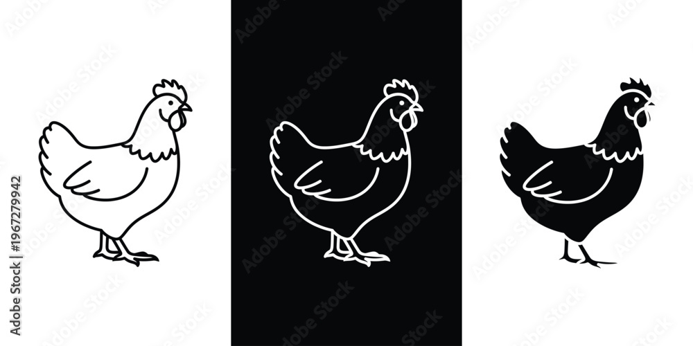 Fototapeta premium A set of three simple chicken illustrations in different colors and backgrounds