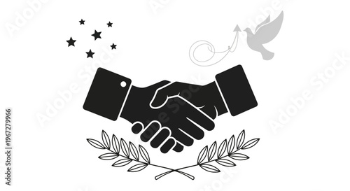 Handshake with leaves and dove symbol.