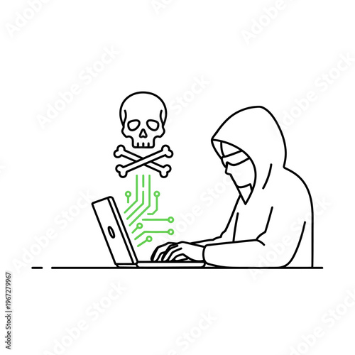 Hacker in hoodie with skull icon, using laptop, cybercrime concept, digital threat, online danger