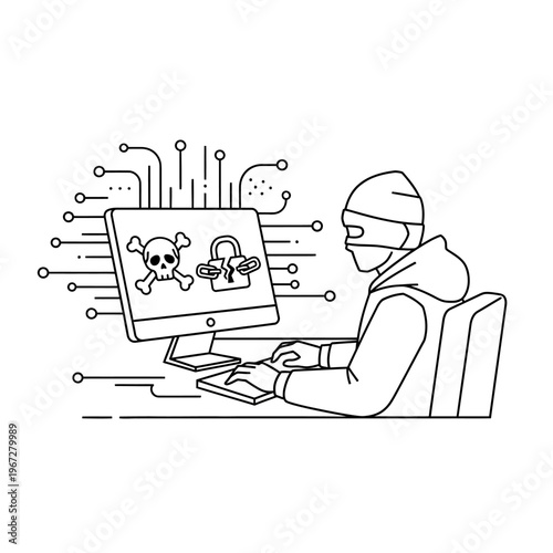 Hacker using computer with skull and lock icons, cybercrime concept, outline illustration